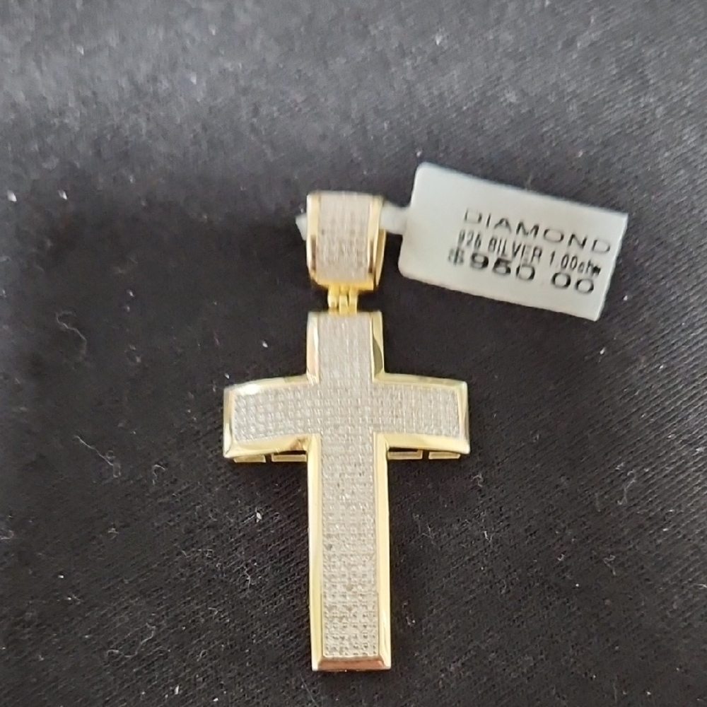 925 Silver Gold Vermeil Cross Pendant 1.00CTW Diamond Accent